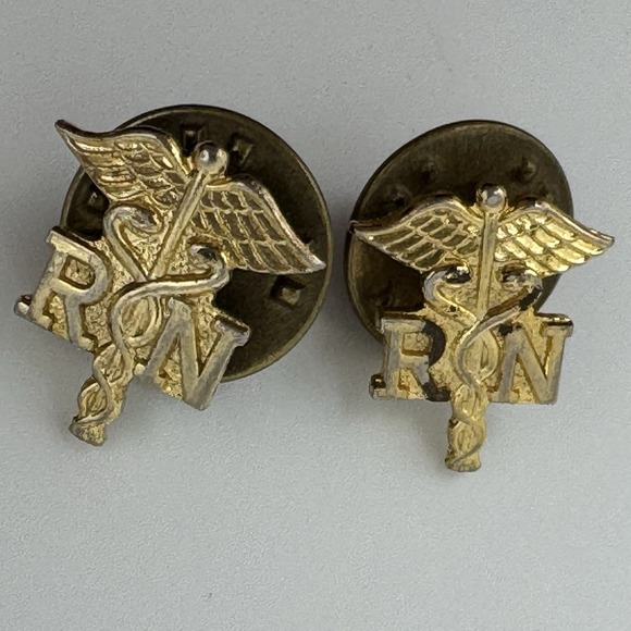 Jewelry - 2 Vtg RN Registered Nurse Caduceus Tie Hat Lapel Pin Gold Tone Medical Nursing